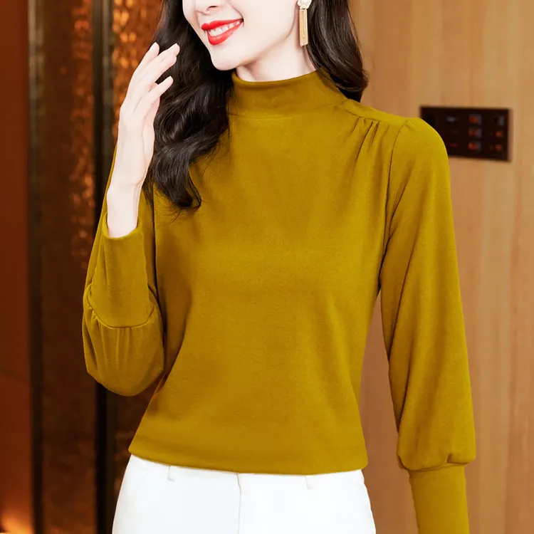 德绒双面绒打底衫女2025秋冬半高领加厚保暖上衣女百搭灯笼袖T恤