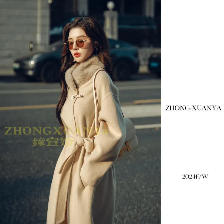 【钟宣娅】青瓷盏·水貂新款时尚气质绵羊毛风衣外套CM-905006