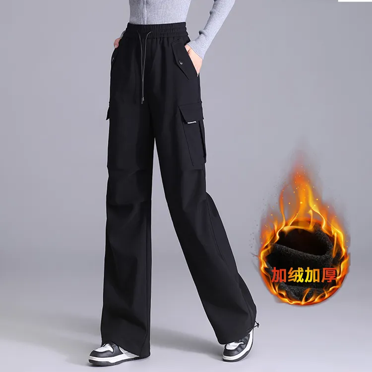 黑色工装裤女2025冬季新款高腰抽绳户外加绒防风软壳冲锋裤运动裤