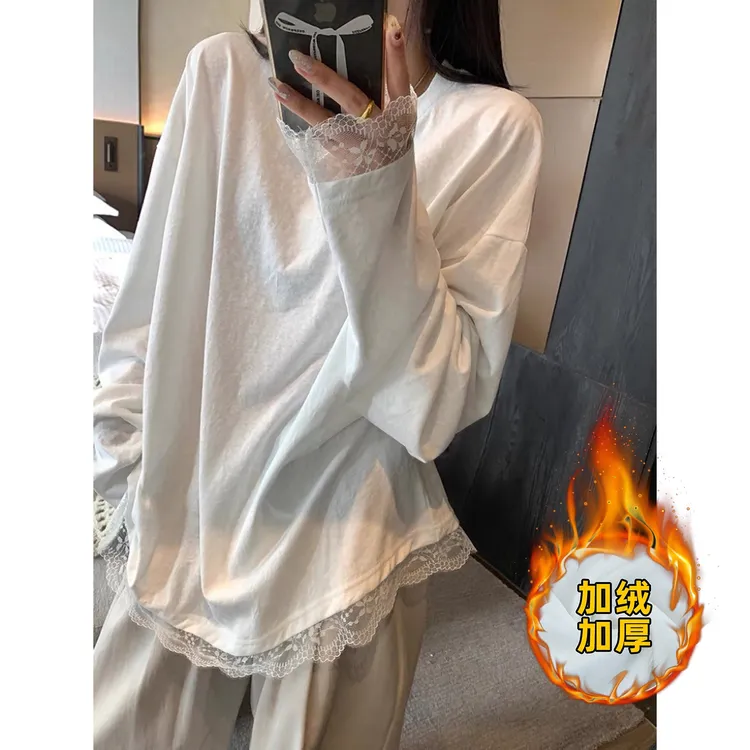 #9007 加绒加厚内搭小能手蕾丝拼接中长款圆领宽松白色T恤女