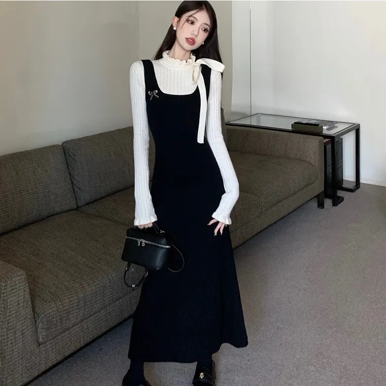 ②露朵 #1249假两件法式复古针织气质时尚女装连衣裙