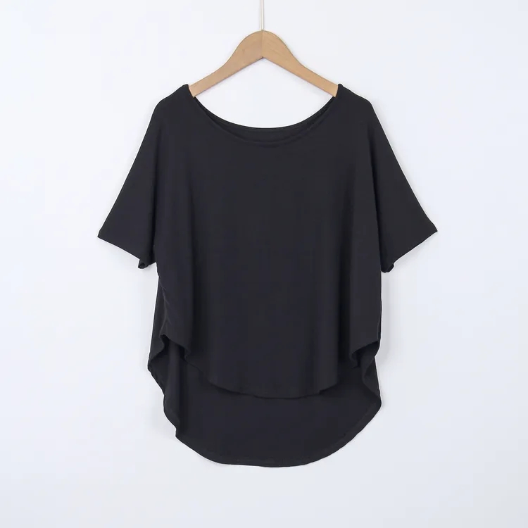 黑色短袖不规则氛围舞服T恤女夏季白色长袖圆领下摆弧形宽松上衣