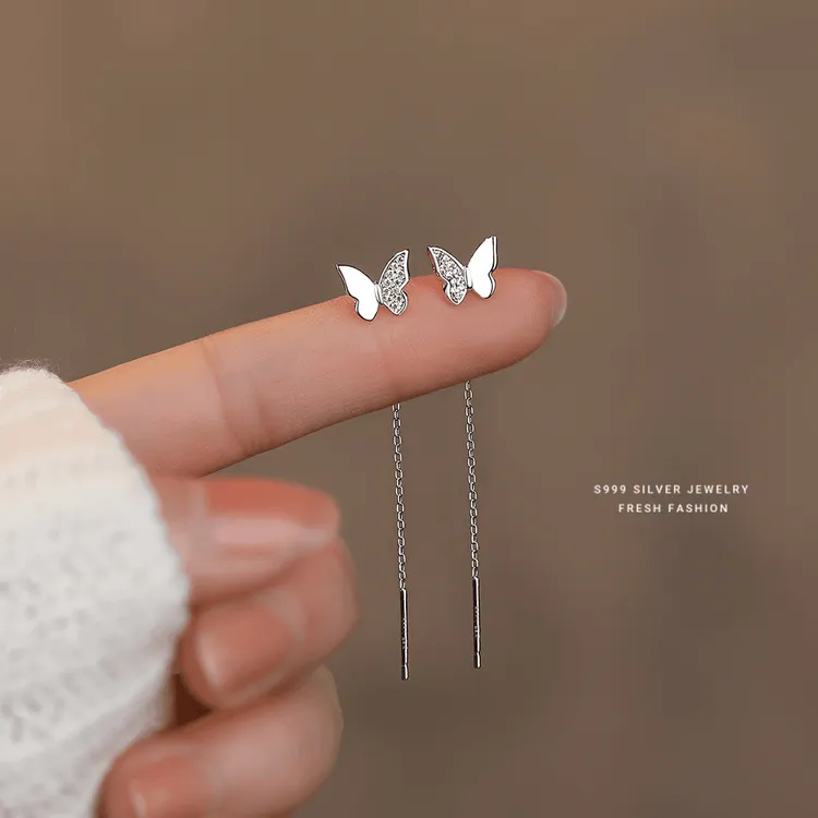 足银耳饰 S999足银清新蝴蝶耳线女ins新款小众设计感长款流苏耳坠