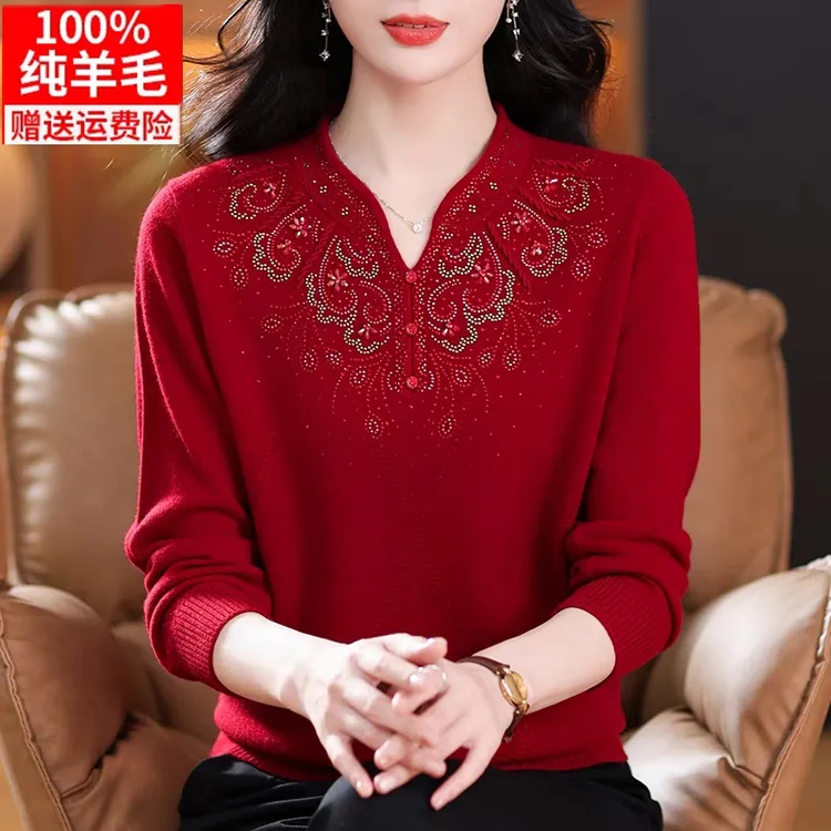 妈款100%纯羊毛上衣中年女秋装内搭毛衣中老年人婆婆秋冬打底衫