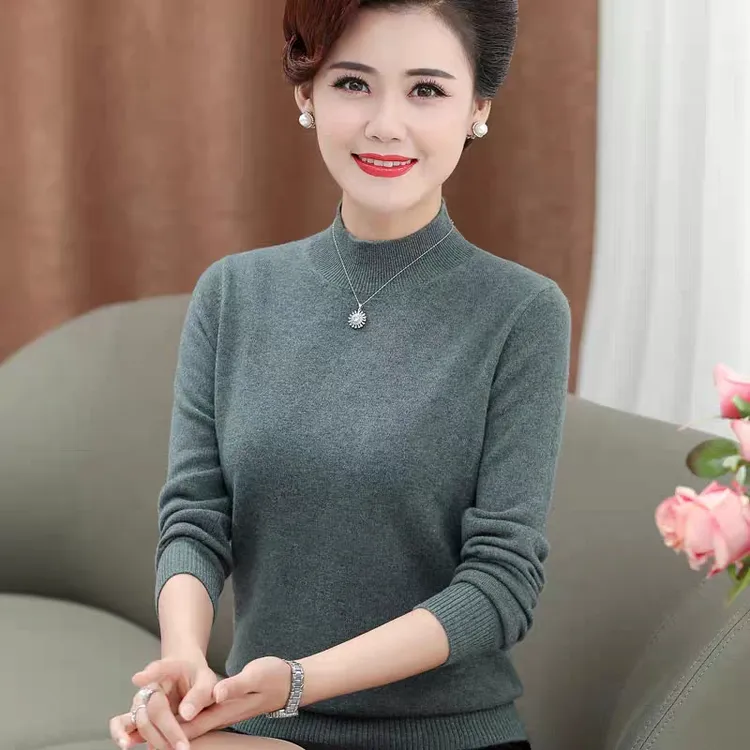 羊毛衫女100纯羊毛中年妈妈冬季打底衫中老年女装秋冬半高领毛衣
