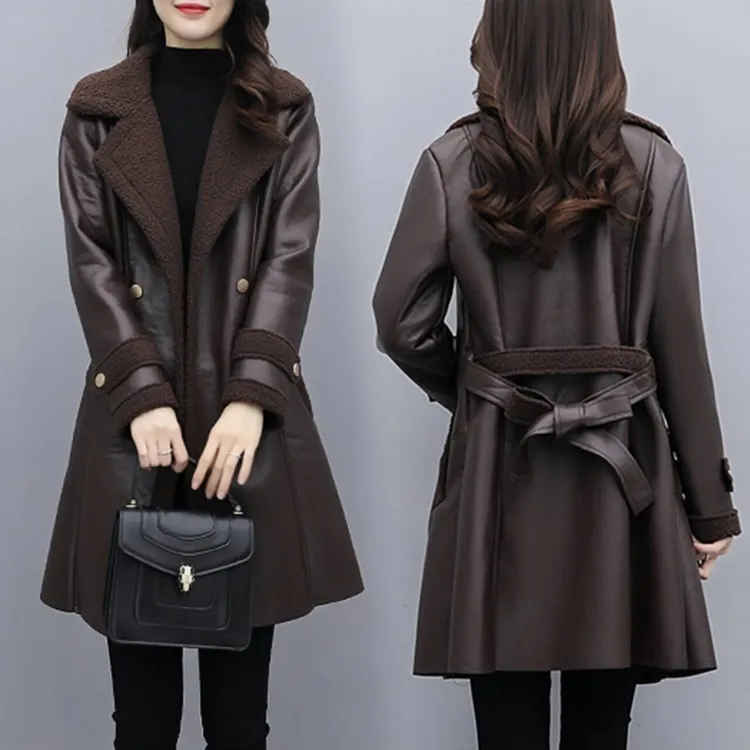 秋冬新款大码女装皮毛一体皮衣洋气宽松系带休闲加厚皮外套冬5922