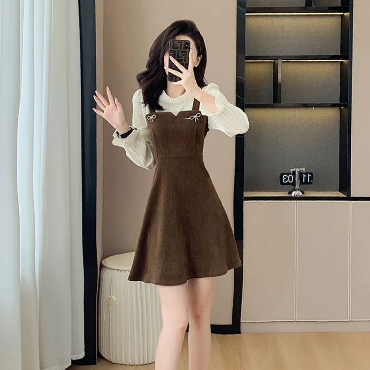 150cm小个子法式气质假两件连衣裙秋冬155矮个子显高收腰背带短裙