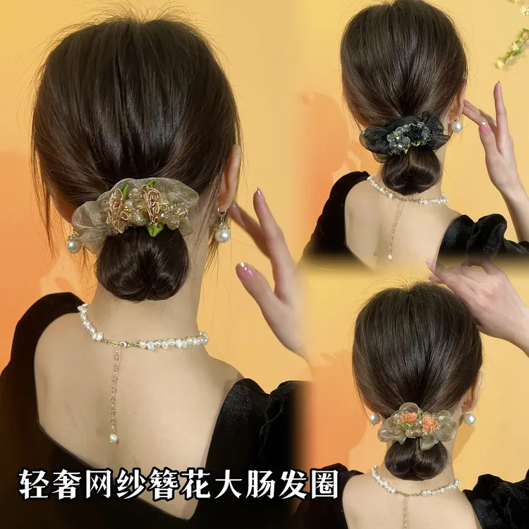 非金属布艺发饰 轻奢晶晶网纱簪花大肠发圈高弹力头绳布艺优雅