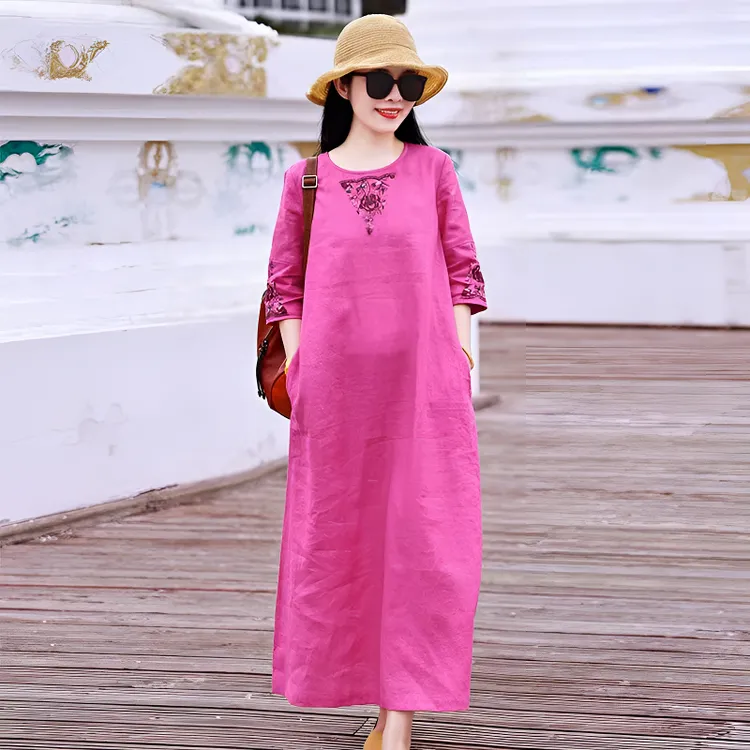 民族风棉麻刺绣A版连衣裙女2025春夏新款大码宽松显瘦复古文艺裙