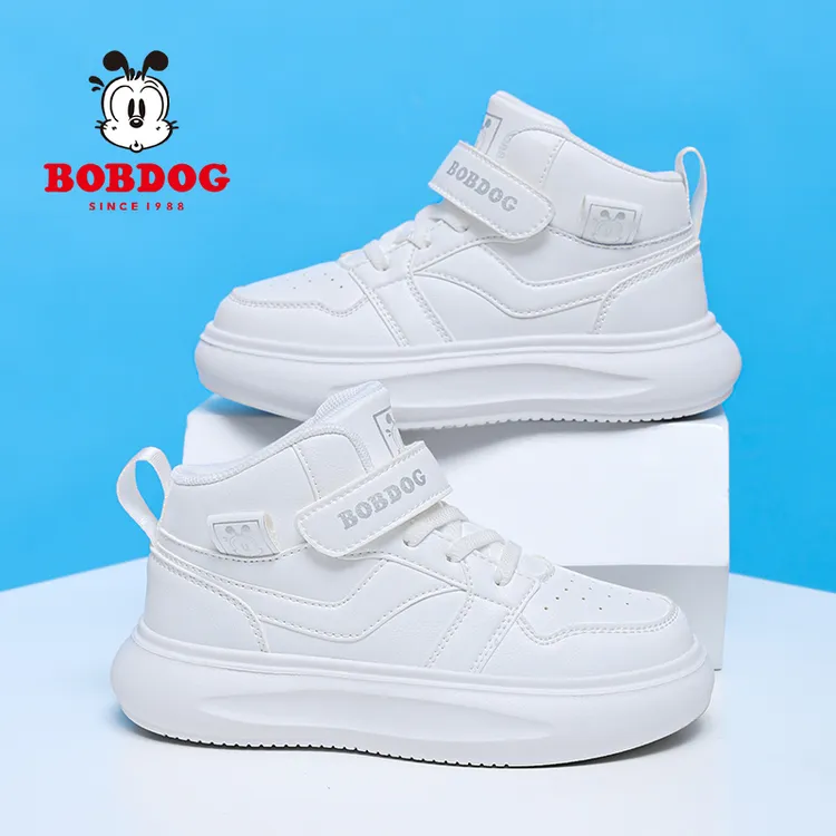 巴布豆男女童小白鞋秋冬季新款皮面防水儿童运动鞋校园白色休闲鞋