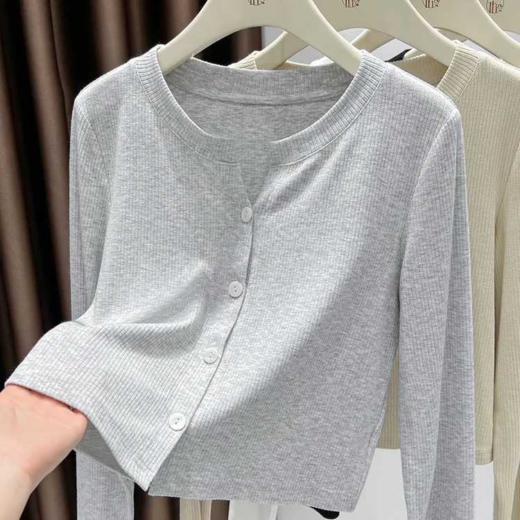 灰色小V领长袖针织开衫秋季新款宽松坑条短外套上衣薄款外搭罩衫