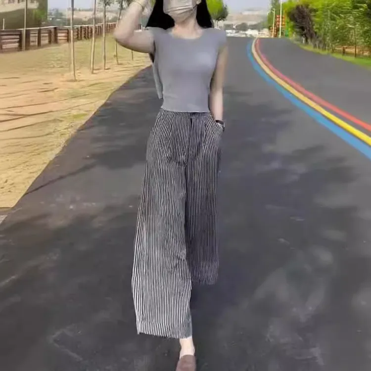 新款时尚百搭洋气纯色无袖修身上衣显瘦高腰条纹休闲阔腿裤女装