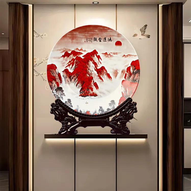 陶瓷器鸿运当头赏盘摆件景德镇玄关博古架客厅装饰手工艺礼品挂盘