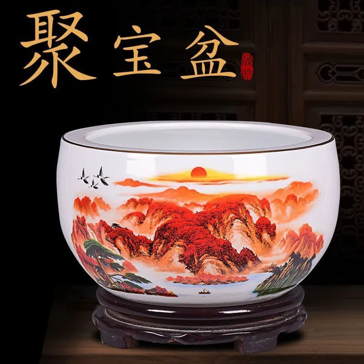 景德镇陶瓷器聚宝盆客厅玄关风水摆件招财进宝盆开业礼品装饰摆件