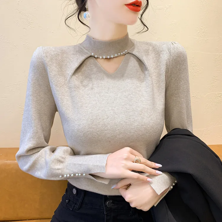 毛衣秋冬款半高领针织衫女装高级感钉珠T恤打底衫修身内搭上衣女