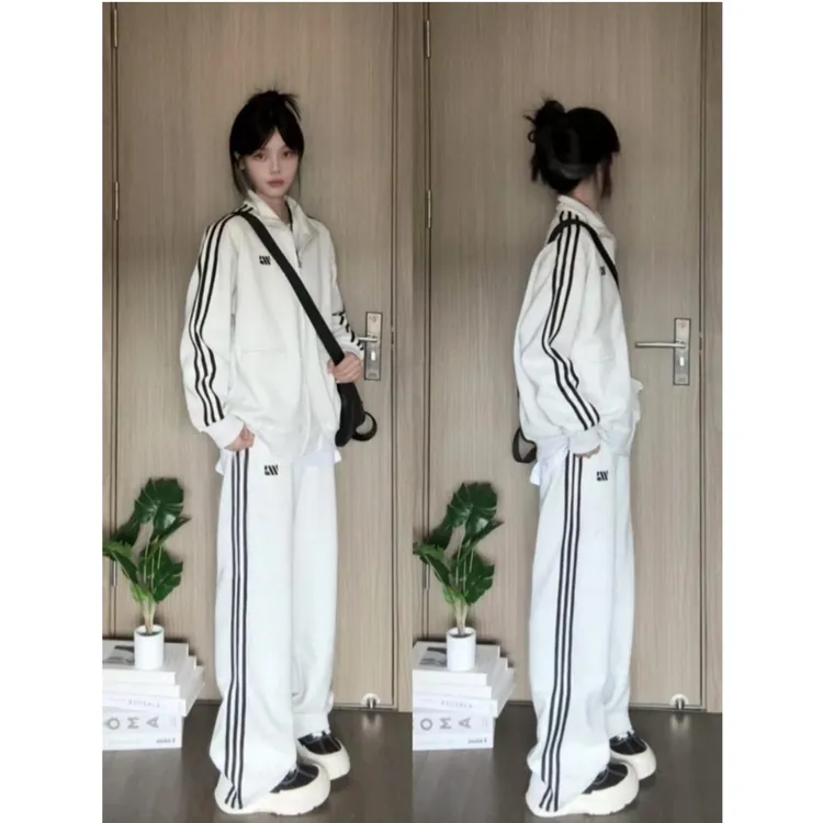 美式休闲运动套装女春秋学生宽松街头三杠条纹立领卫衣长裤两件套