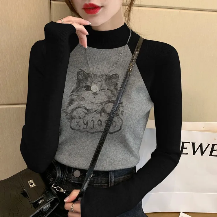 春季保暖长袖t恤女内搭2025插肩袖修身百搭上衣拼接半高领打底衫