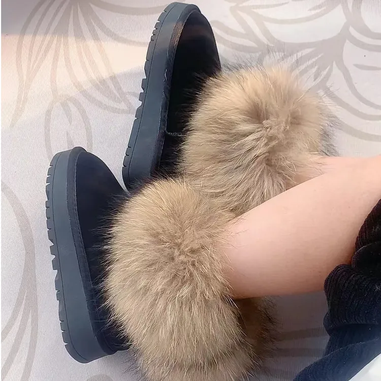 头层牛皮磨砂皮真狐狸毛时尚女鞋加绒保暖厚底雪地靴冬季百搭靴子