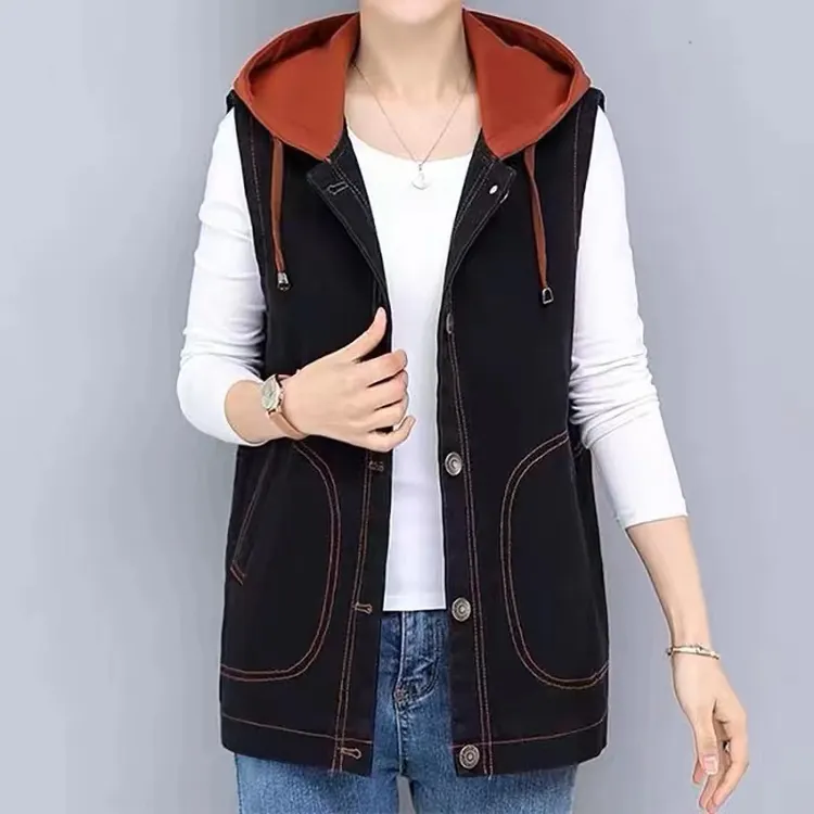 春秋女士洋气宽松外穿时尚百搭休闲牛仔马夹无袖大码连帽妈妈装