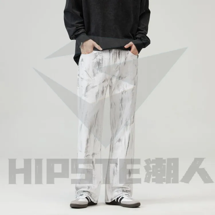 2024春夏美式小众扎染水洗做脏白色牛仔裤男款宽松直筒垂感长裤