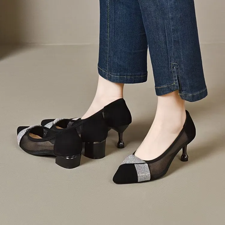 2024新款春夏季网纱单鞋女真皮透气镂空鞋夏款尖头浅口皮鞋薄款