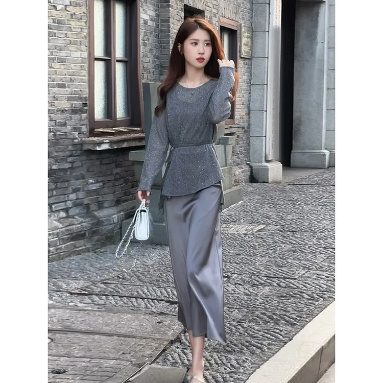 网纱长袖打底衫吊带裙两件套2024秋装显瘦气质百搭法式连衣裙女潮