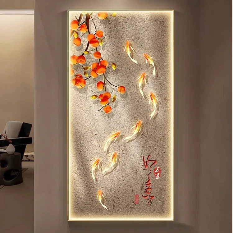 柿柿如意玄关装饰画新中式走廊过道挂画九鱼图带灯艺术高级入户画