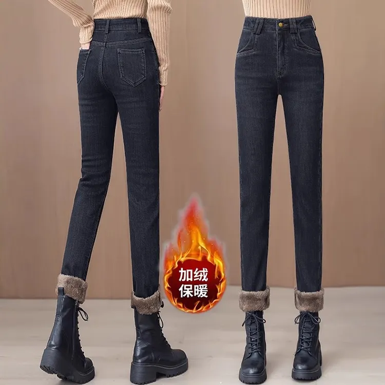 加绒加厚小脚牛仔裤女秋冬2024年新款高腰显瘦百搭弹力修身铅笔裤