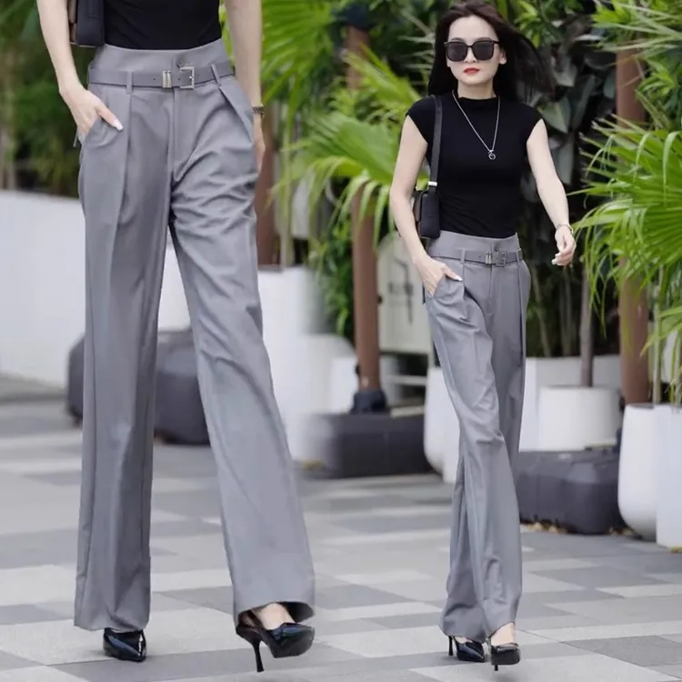 灰色西装阔腿裤女2025早秋季新款高腰显瘦休闲宽松直筒裤垂感裤子