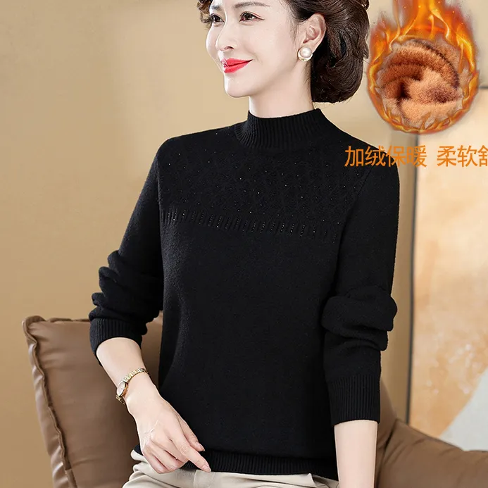 中老年妈妈秋冬加绒加厚毛衣新款时尚上衣纯色一体绒保暖打底衫