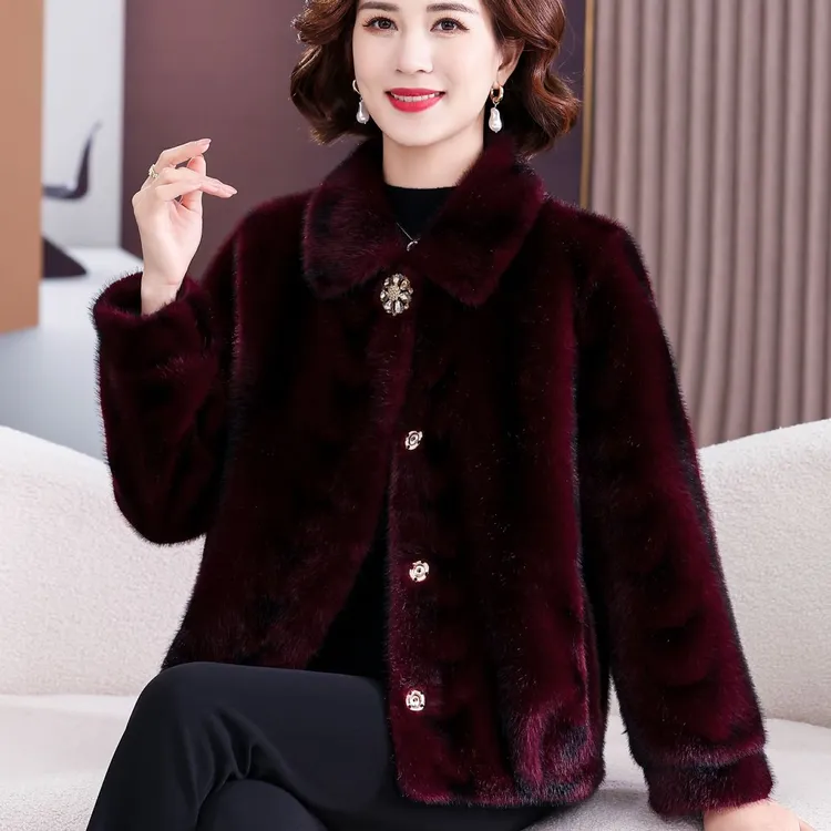 妈妈秋冬装短款仿水貂绒上衣中年女毛呢大衣中老年女装保暖外套