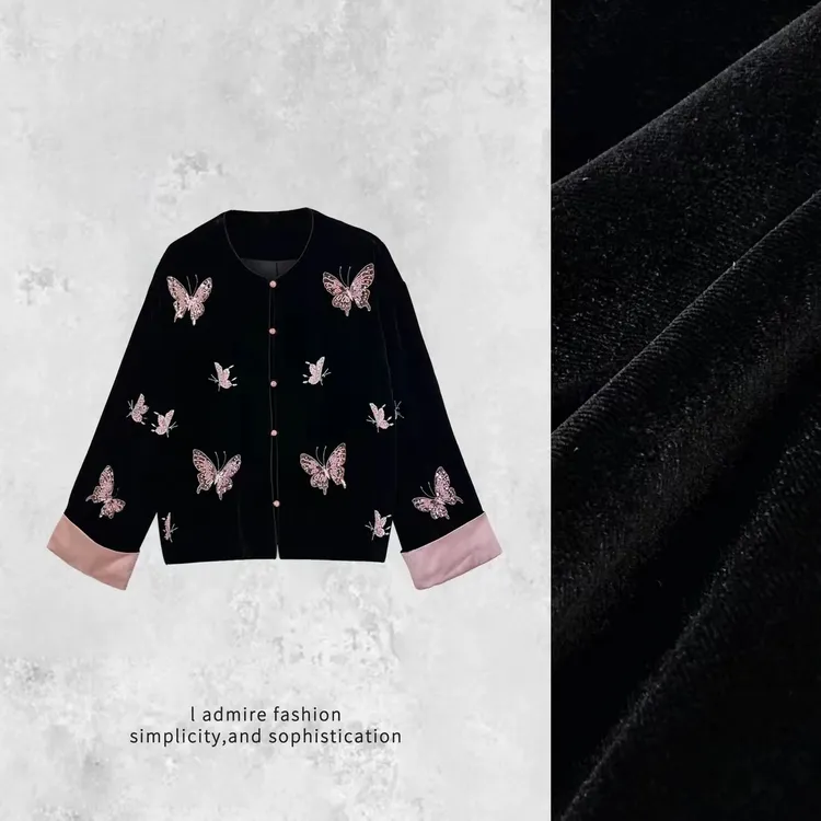 风起玉鸣粉蝶外套 新中式丝绒网红重工蝴蝶刺绣国风带钻绣亮片