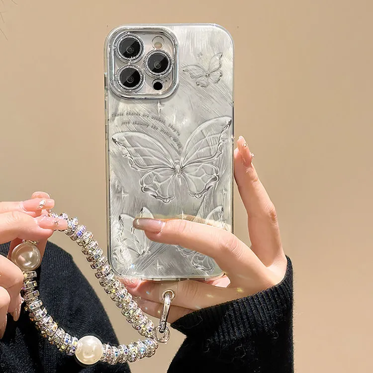 银色蝴蝶苹果15pro max手机壳带轻奢iPhone14苹果保护壳13新款