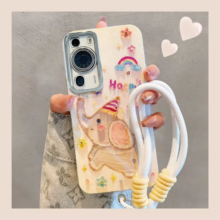 油画小飞象华为p60pro手机壳小众带挂链HUAWEIp50新款可爱卡通