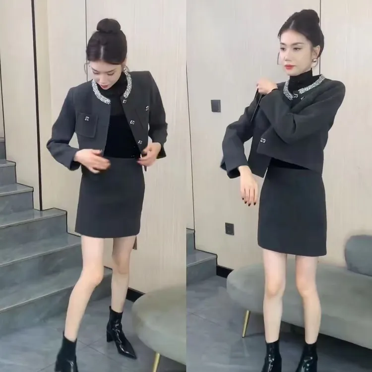高级名媛气质香风套装2024秋冬时尚新款上衣外套半身裙两件套