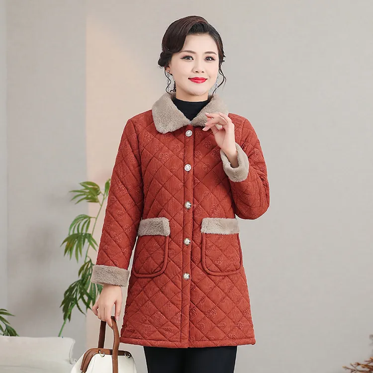 3158冬新款女装棉衣中老年外套加绒加厚中长款棉服女冬季加绒加厚