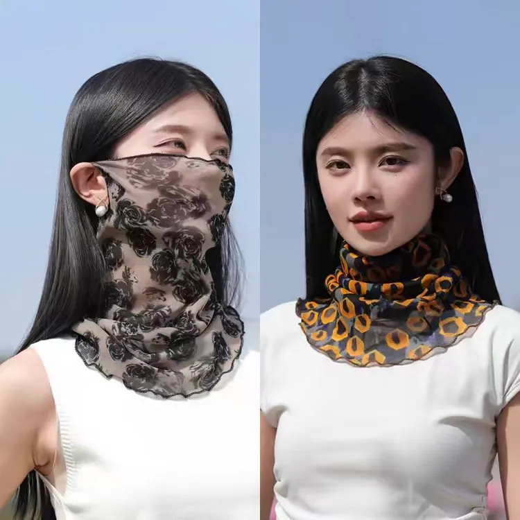 防晒面纱女夏天遮阳防紫外线全脸面罩护颈脖子丝巾围脖套挂耳发带
