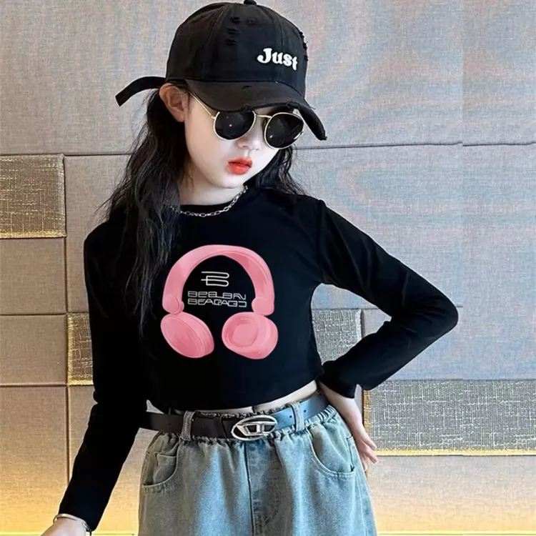 春秋新款儿童长袖t恤女童短款棉质百搭韩版显瘦小众洋气修身上衣