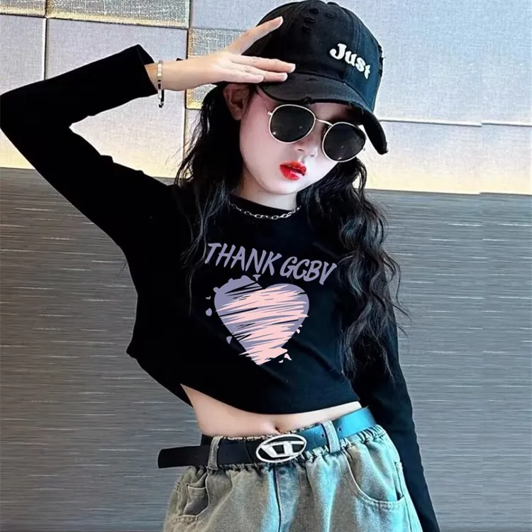 新款长袖儿童t恤修身短款女童小孩打底衫中大童黑色百搭网红上衣