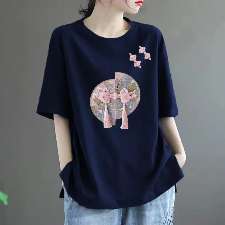 100%棉短袖T恤女夏季国风大码200斤宽松显瘦时尚洋气休闲半袖上衣