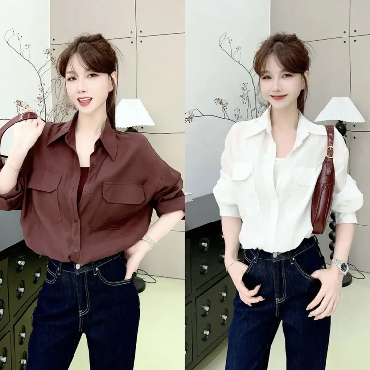 时尚百搭新款翻领2025背心衬衣假两件套秋设计时尚上衣长袖衬衫女