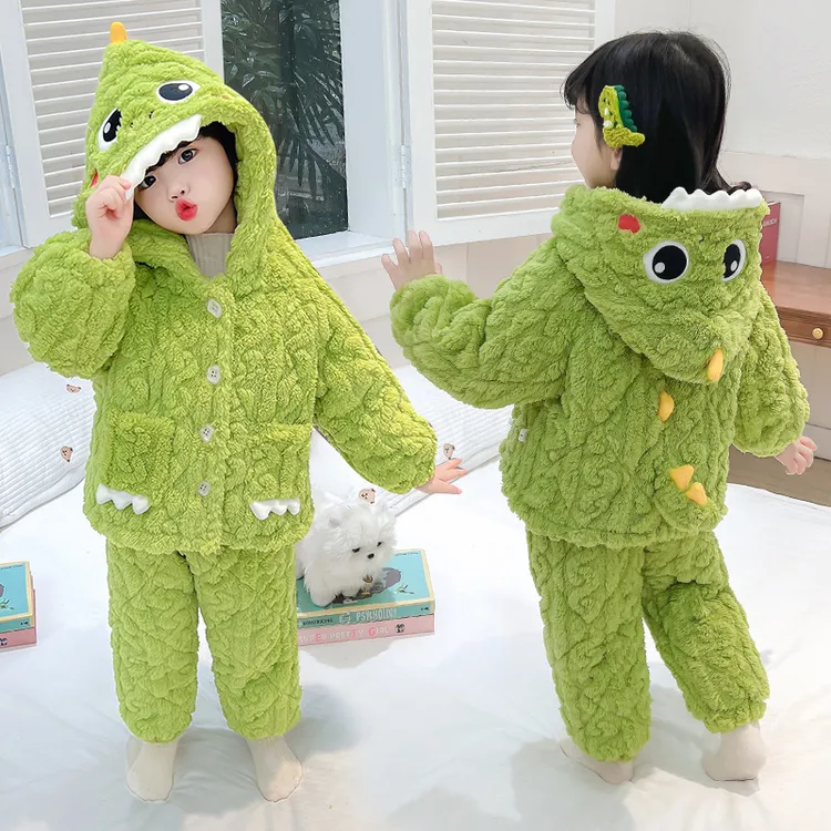 儿童睡衣冬季连帽法兰绒女童三层加厚款夹棉女童珊瑚绒家居服套装