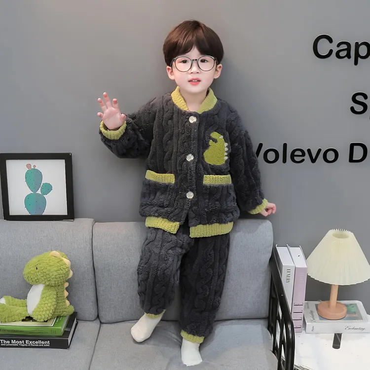 男童冬季装珊瑚绒睡衣儿童套装男孩双层加厚保暖宝宝法兰绒家居服