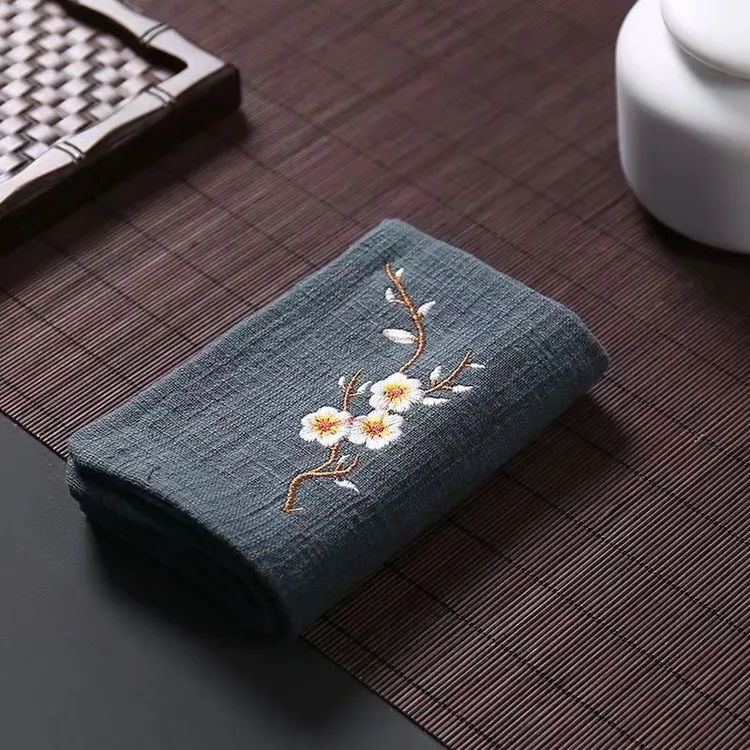 棉麻茶巾刺绣中式茶道禅意隔热吸水复古家用梅花祥云茶布中国风茶