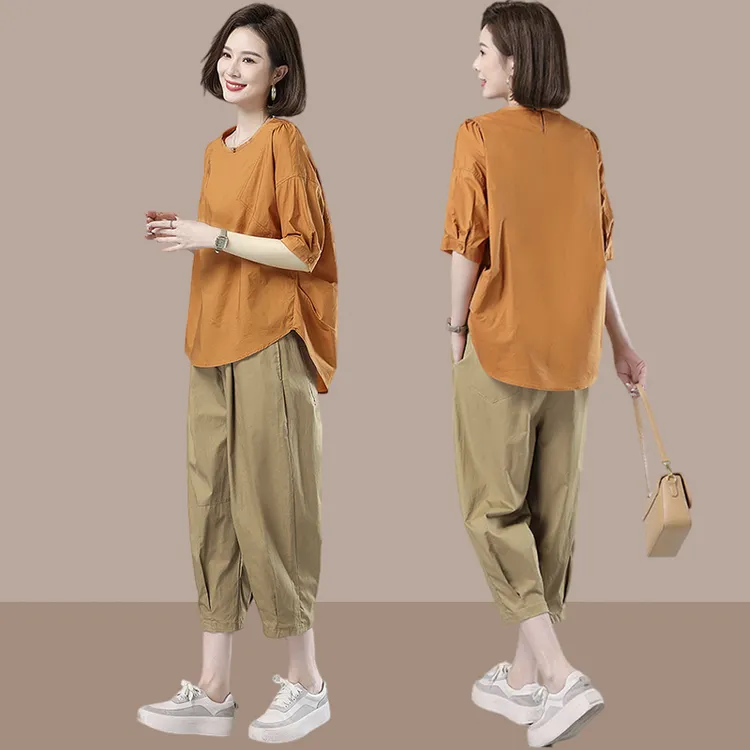 小个子妈妈休闲套装女夏季新款2025爆款洋气减龄短袖七分裤两件套