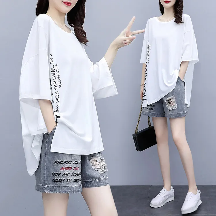 胖妹妹大码女装微胖洋气遮肚子短袖t恤牛仔短裤两件套时尚套装潮
