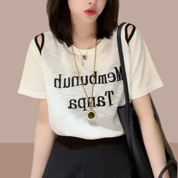 夏季短袖t恤2025新款时尚露肩炸街流行女装设计感小众上衣欧货潮