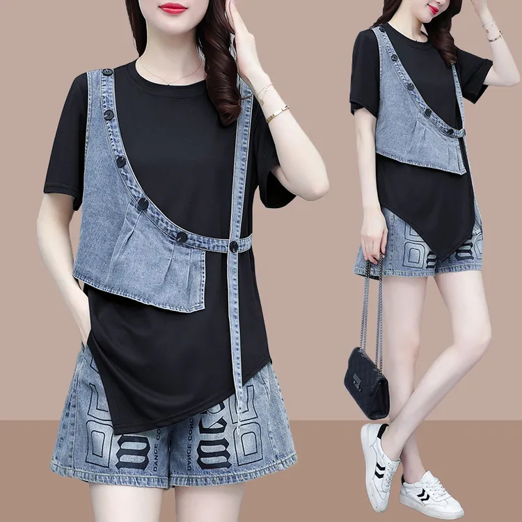 气质套装女2025夏季新款潮流休闲牛仔拼接短袖短裤两件套港味减龄