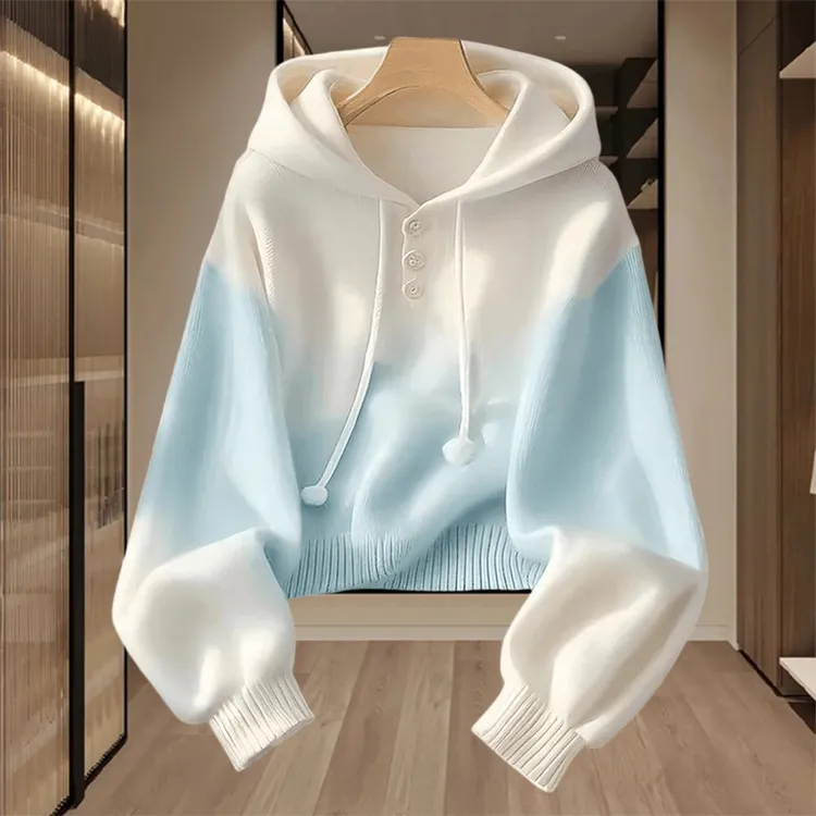 2026年春秋季新款蓝色渐变连帽针织衫韩系慵懒设计感新款洋气女装