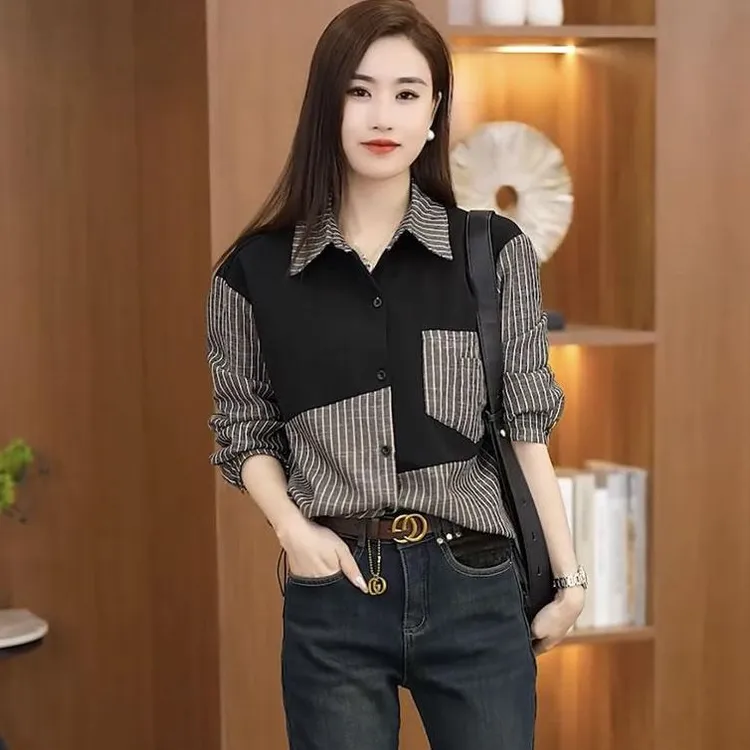 2025秋季新款衬衫上班族通勤女装百搭外穿上档次条纹衬衣欧货上衣